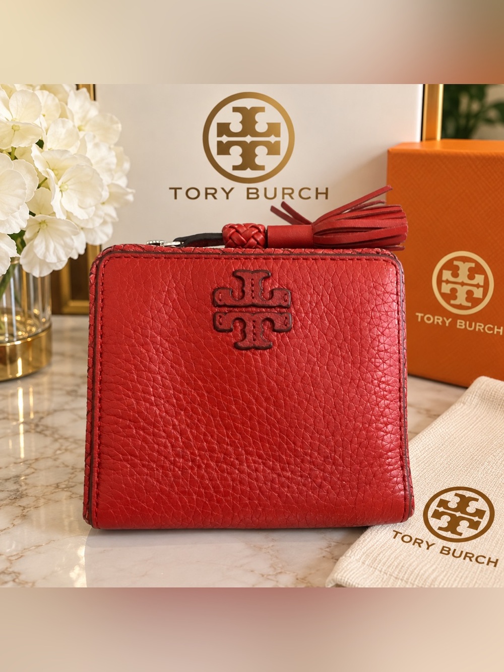 Tory Burch Red Pebbled Leather Tassel Wallet